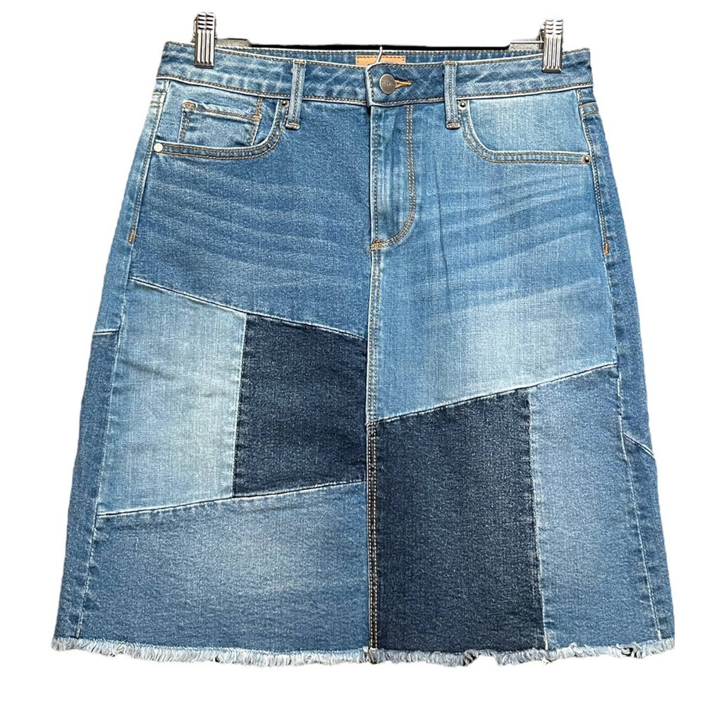 DRIFTWOOD Patchwork Denim Midi Skirt in Light and Dark Blue